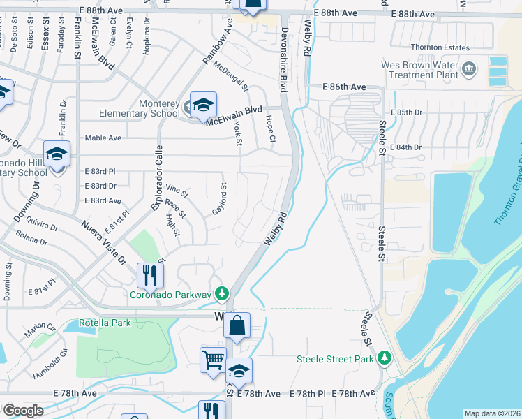 map of restaurants, bars, coffee shops, grocery stores, and more near 8331 Clayton Court in Thornton