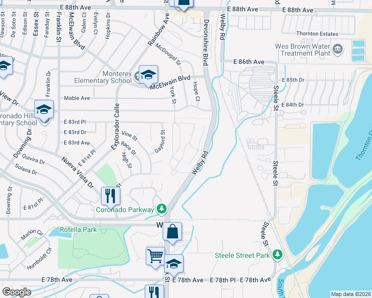 map of restaurants, bars, coffee shops, grocery stores, and more near 8199 Welby Road in Thornton