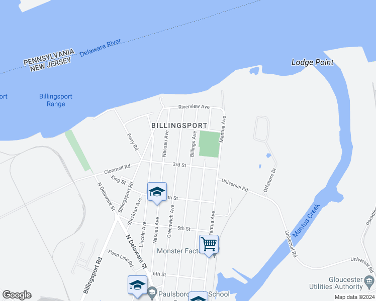 map of restaurants, bars, coffee shops, grocery stores, and more near 221 Greenwich Avenue in Paulsboro