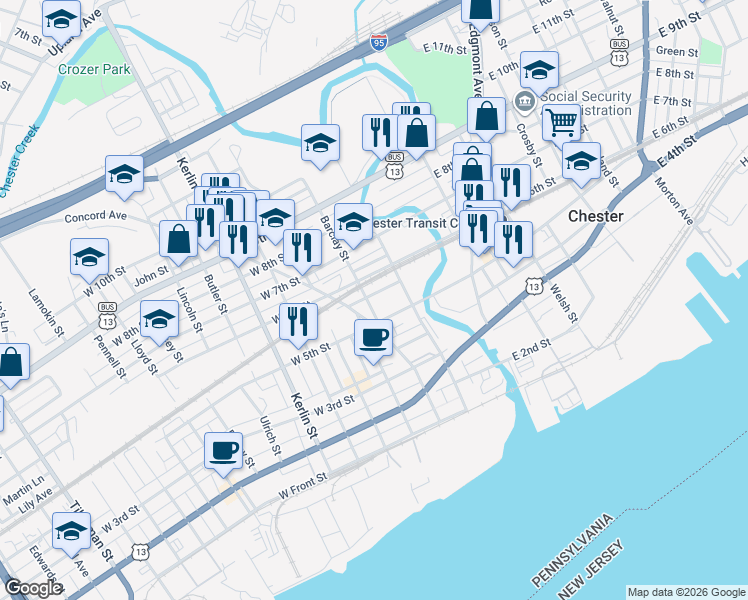 map of restaurants, bars, coffee shops, grocery stores, and more near 609 Barclay Street in Chester