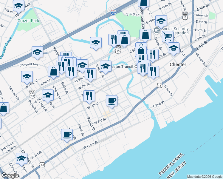 map of restaurants, bars, coffee shops, grocery stores, and more near 609 Barclay Street in Chester