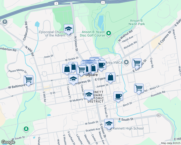 map of restaurants, bars, coffee shops, grocery stores, and more near 200 North Union Street in Kennett Square