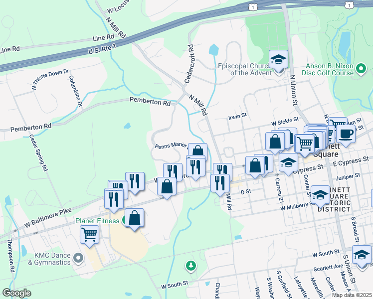 map of restaurants, bars, coffee shops, grocery stores, and more near 102 Penns Manor Drive in Kennett Square