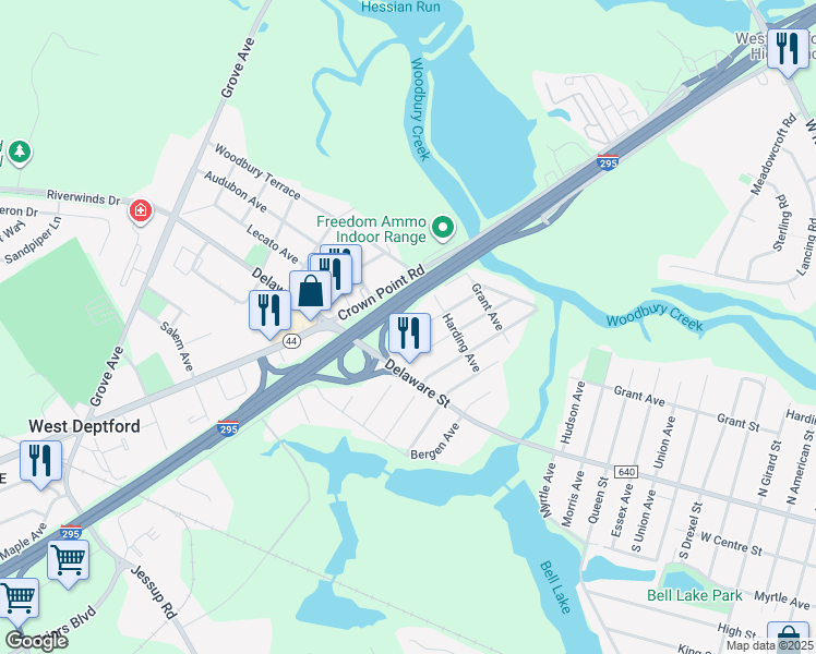map of restaurants, bars, coffee shops, grocery stores, and more near 650 Crown Point Road in West Deptford