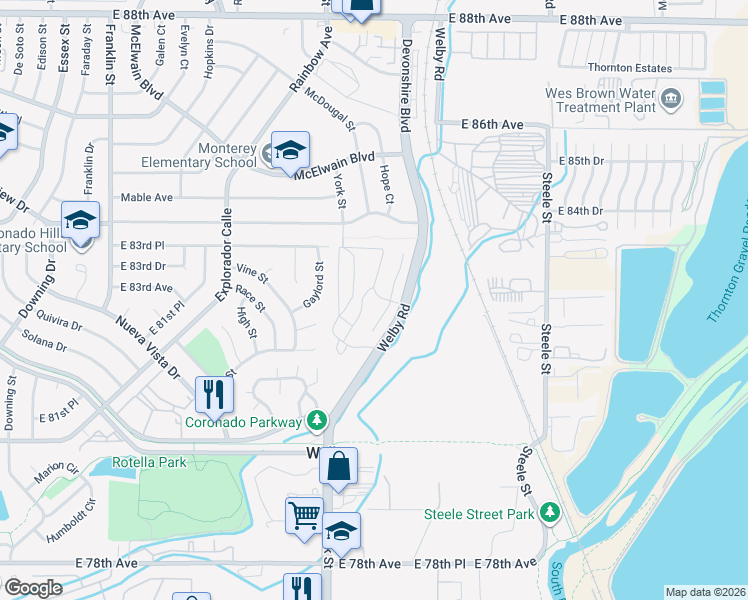 map of restaurants, bars, coffee shops, grocery stores, and more near 8331 Clayton Court in Thornton