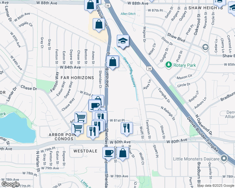map of restaurants, bars, coffee shops, grocery stores, and more near 8200 Sheridan Boulevard in Westminster