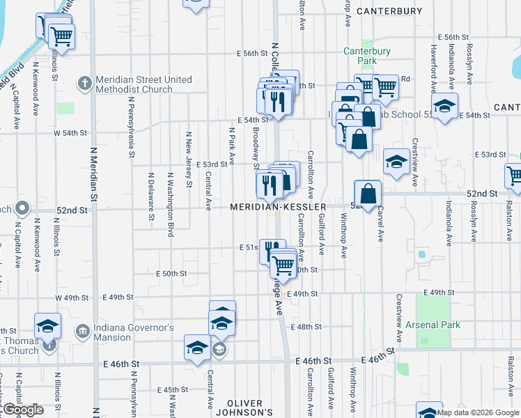 map of restaurants, bars, coffee shops, grocery stores, and more near in Indianapolis