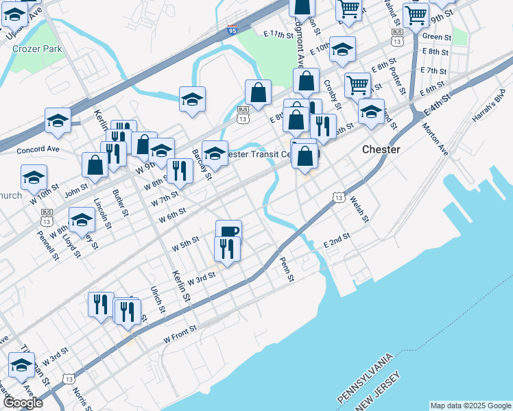 map of restaurants, bars, coffee shops, grocery stores, and more near 160 West 5th Street in Chester