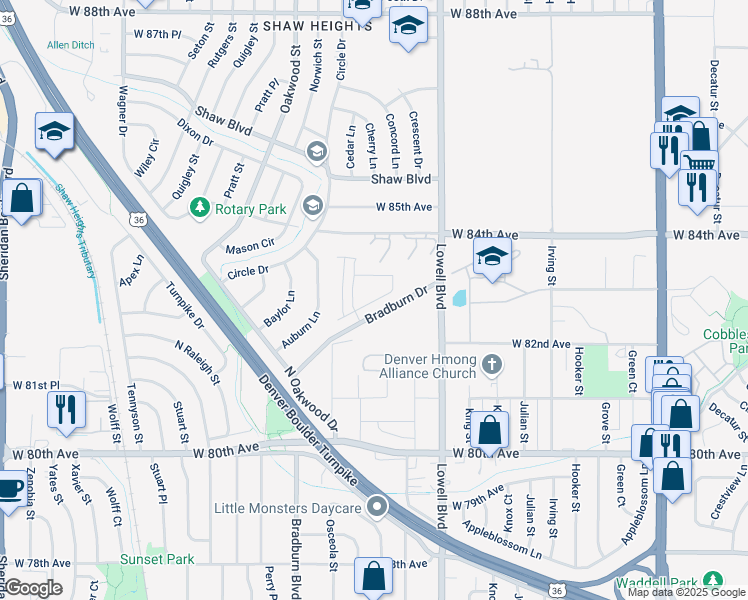 map of restaurants, bars, coffee shops, grocery stores, and more near 8091 Bradburn Dr in Westminster