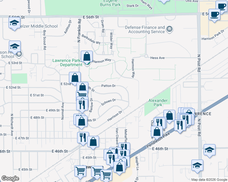 map of restaurants, bars, coffee shops, grocery stores, and more near 8233 Patton Drive in Lawrence