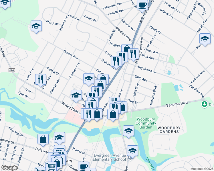 map of restaurants, bars, coffee shops, grocery stores, and more near 723 North Broad Street in Woodbury