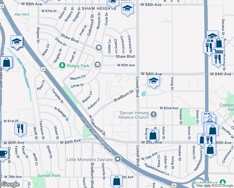 map of restaurants, bars, coffee shops, grocery stores, and more near 8091 Bradburn Dr in Westminster