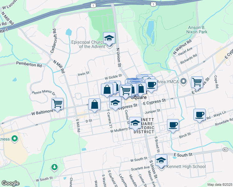map of restaurants, bars, coffee shops, grocery stores, and more near 201 West Linden Street in Kennett Square