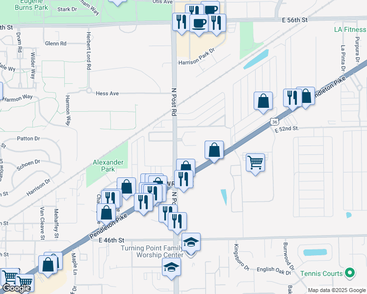 map of restaurants, bars, coffee shops, grocery stores, and more near North Eldorado Place in Indianapolis