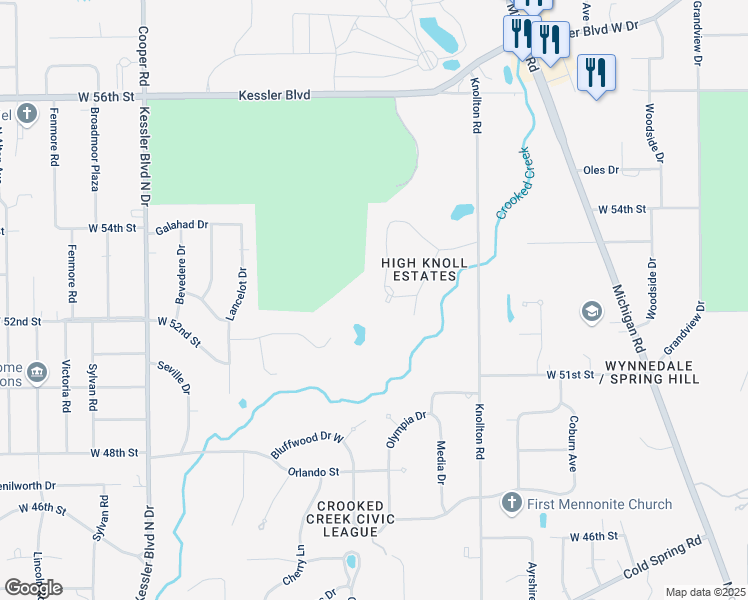 map of restaurants, bars, coffee shops, grocery stores, and more near 5250 Olympia Drive in Indianapolis