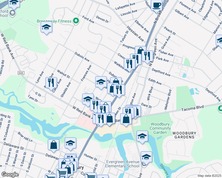 map of restaurants, bars, coffee shops, grocery stores, and more near 34 Chestnut Street in Woodbury