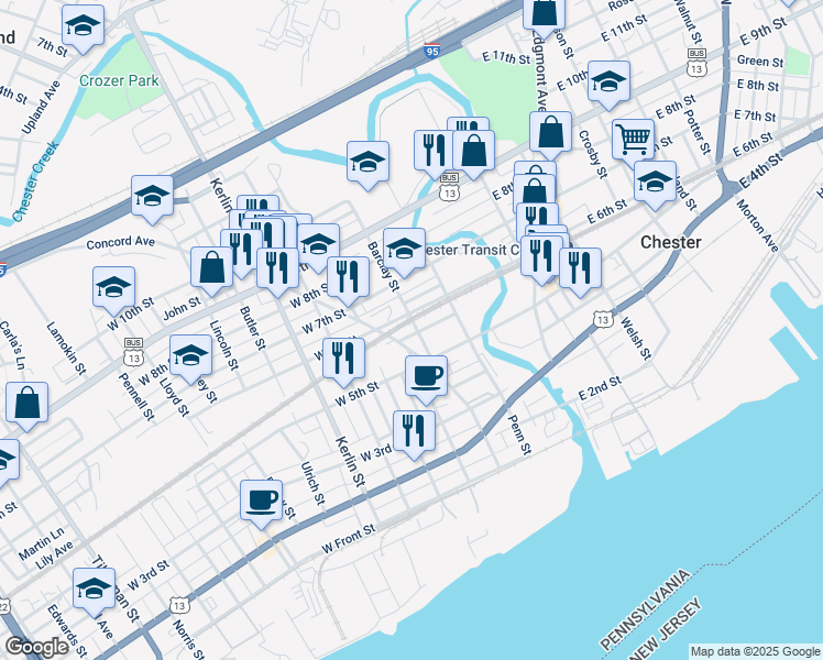 map of restaurants, bars, coffee shops, grocery stores, and more near 318 Patterson Street in Chester