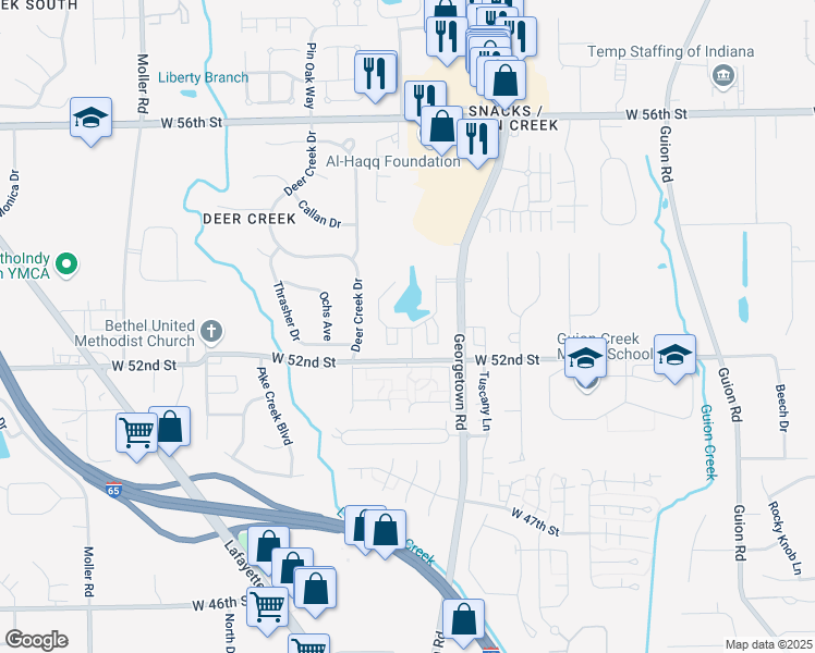 map of restaurants, bars, coffee shops, grocery stores, and more near 5215 Pinebrook Drive in Indianapolis