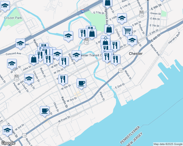 map of restaurants, bars, coffee shops, grocery stores, and more near 501 Penn Street in Chester