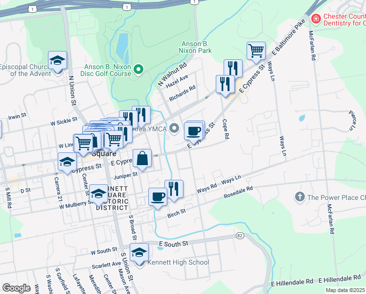 map of restaurants, bars, coffee shops, grocery stores, and more near 537 East Cypress Street in Kennett Square