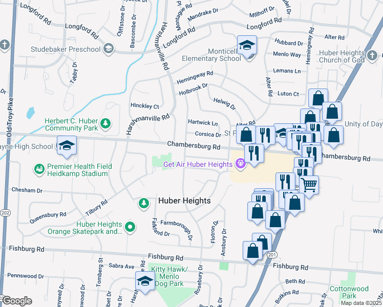 map of restaurants, bars, coffee shops, grocery stores, and more near 6458 Rosebury Drive in Dayton