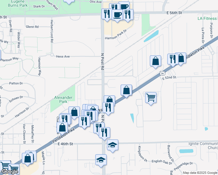 map of restaurants, bars, coffee shops, grocery stores, and more near North Eldorado Place in Indianapolis