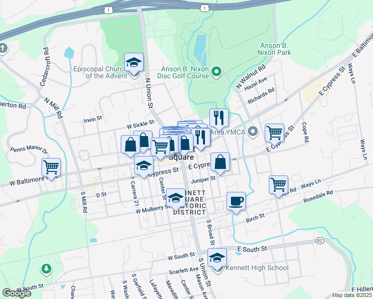 map of restaurants, bars, coffee shops, grocery stores, and more near in Kennett Square