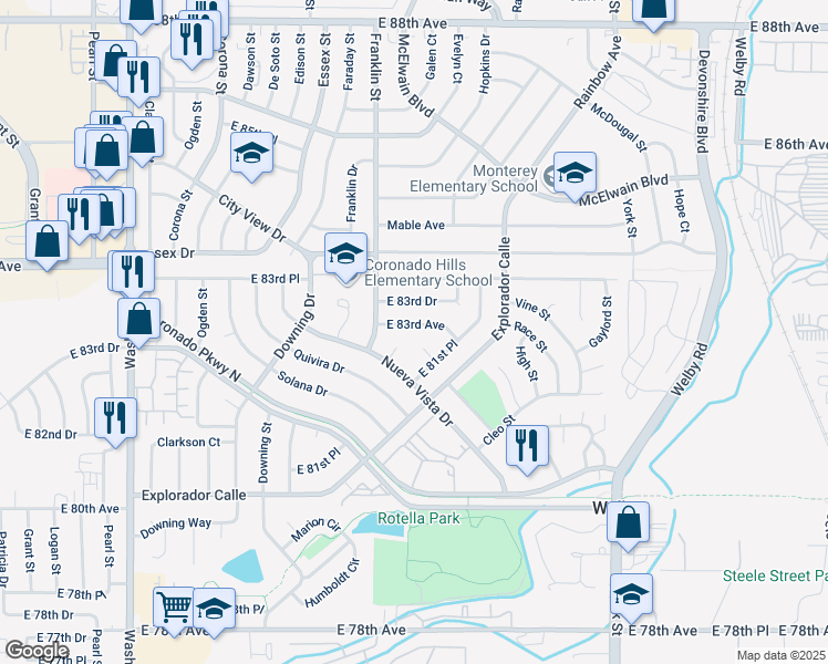 map of restaurants, bars, coffee shops, grocery stores, and more near 1727 East 83rd Avenue in Denver