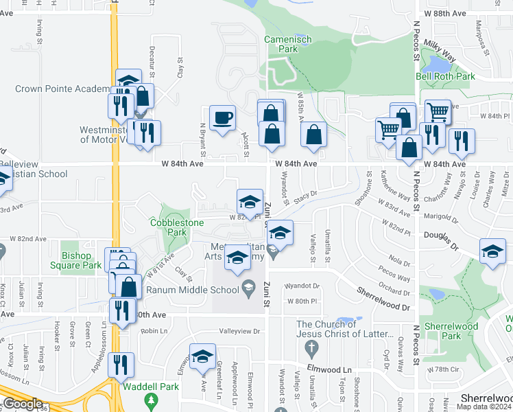 map of restaurants, bars, coffee shops, grocery stores, and more near 8300 Alcott Street in Westminster