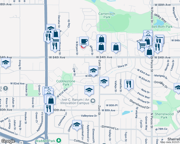 map of restaurants, bars, coffee shops, grocery stores, and more near 8300 Alcott Street in Westminster