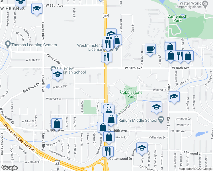 map of restaurants, bars, coffee shops, grocery stores, and more near 8290 North Federal Boulevard in Westminster