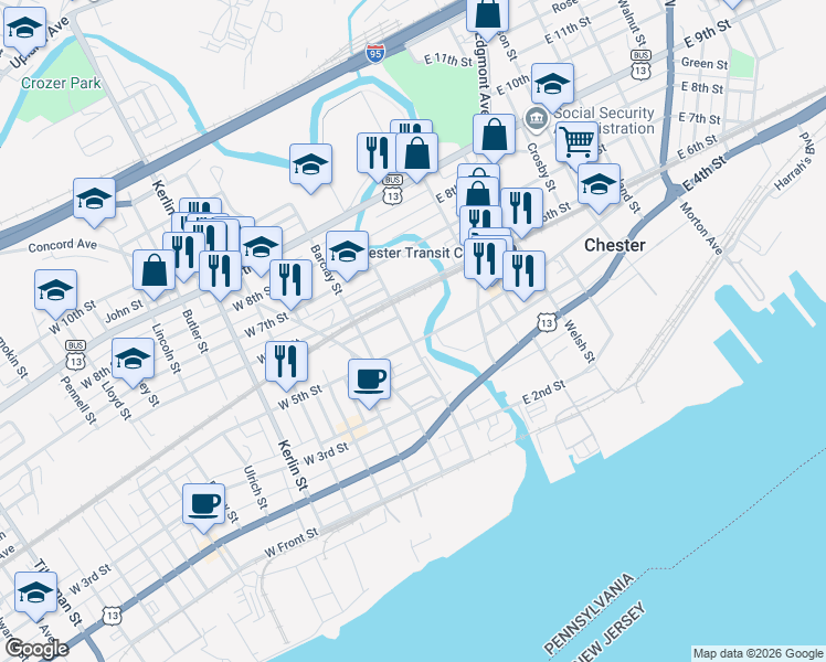 map of restaurants, bars, coffee shops, grocery stores, and more near 134 West 5th Street in Chester
