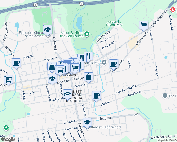 map of restaurants, bars, coffee shops, grocery stores, and more near 320 State Street in Kennett Square