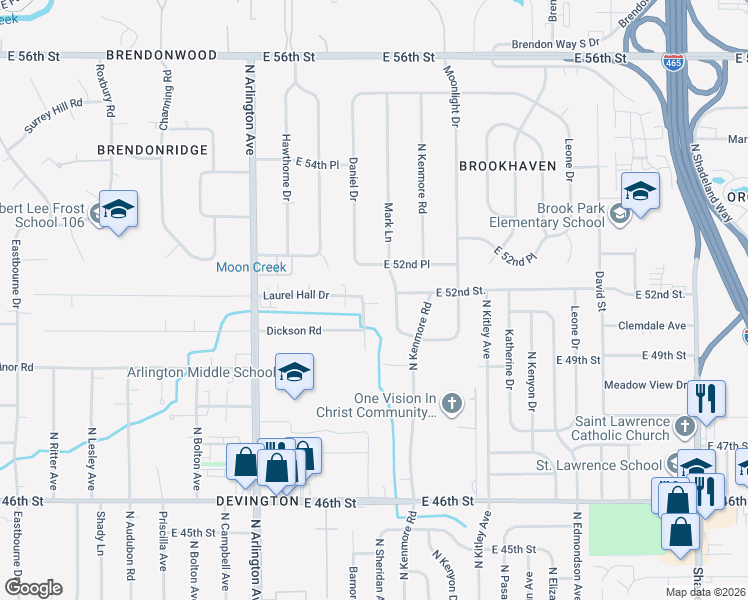map of restaurants, bars, coffee shops, grocery stores, and more near 5148 Mark Lane in Indianapolis