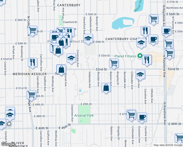 map of restaurants, bars, coffee shops, grocery stores, and more near 1521 East 52nd Street in Indianapolis