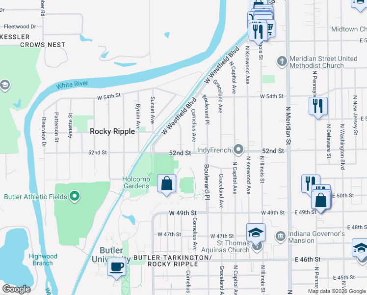 map of restaurants, bars, coffee shops, grocery stores, and more near 5213 Hinesley Avenue in Indianapolis