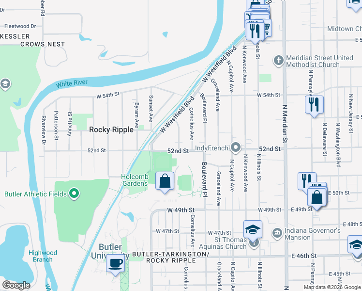 map of restaurants, bars, coffee shops, grocery stores, and more near 5213 Hinesley Avenue in Indianapolis