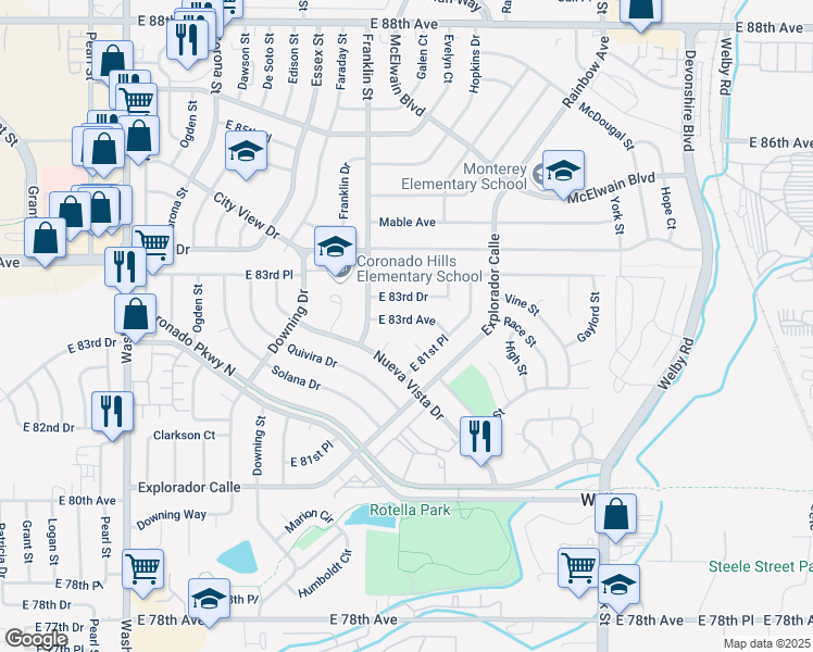 map of restaurants, bars, coffee shops, grocery stores, and more near 1727 East 83rd Avenue in Denver