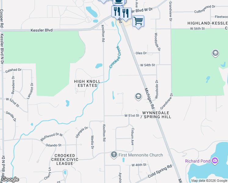 map of restaurants, bars, coffee shops, grocery stores, and more near 5227 Knollton Road in Indianapolis