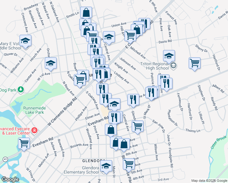 map of restaurants, bars, coffee shops, grocery stores, and more near 105 Washington Avenue in Runnemede