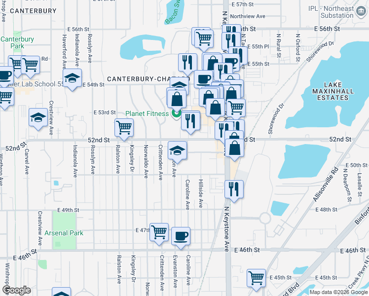 map of restaurants, bars, coffee shops, grocery stores, and more near 5173 Caroline Street in Indianapolis