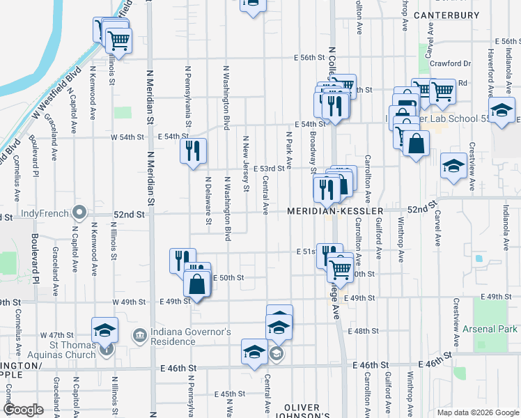 map of restaurants, bars, coffee shops, grocery stores, and more near 5219 North New Jersey Street in Indianapolis