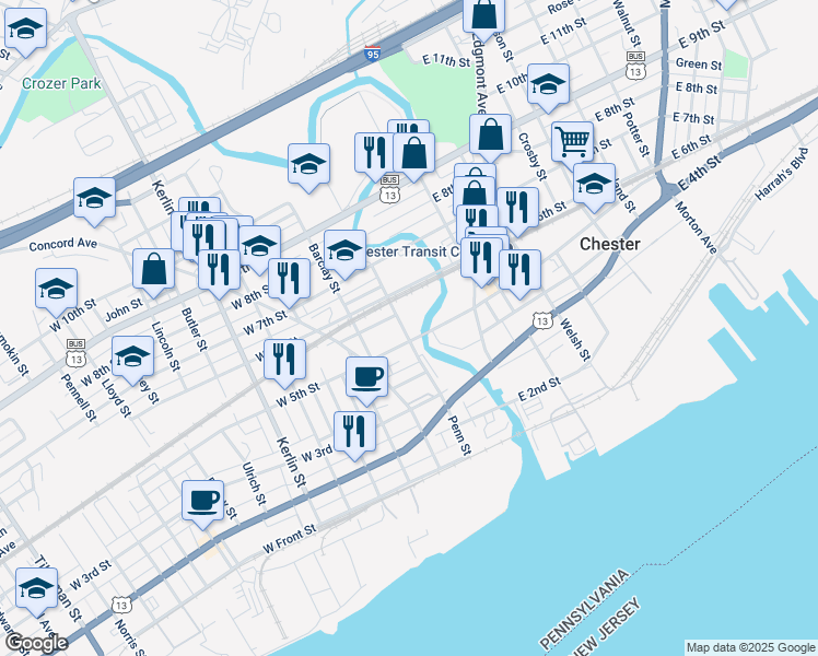 map of restaurants, bars, coffee shops, grocery stores, and more near 513 Penn Street in Chester