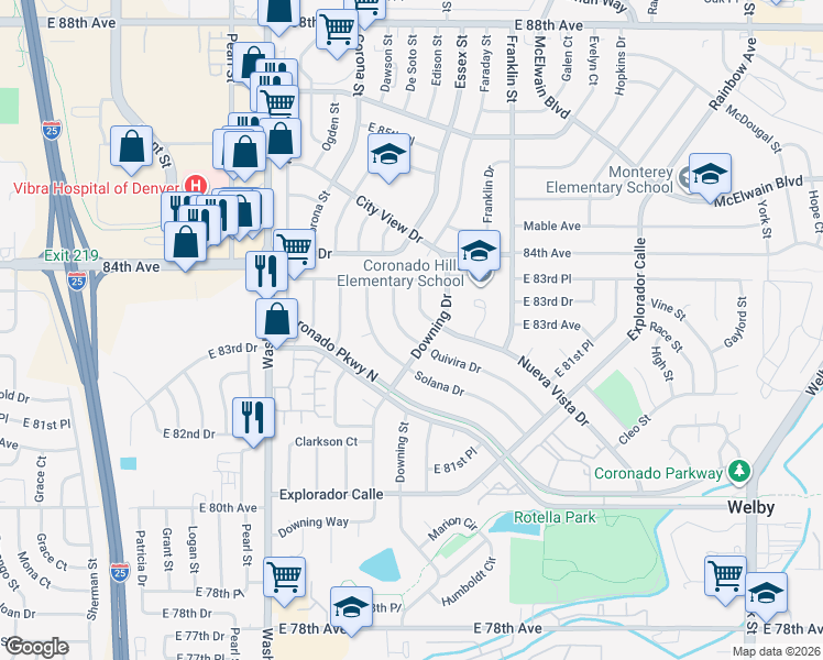 map of restaurants, bars, coffee shops, grocery stores, and more near 8321 Quivira Drive in Denver