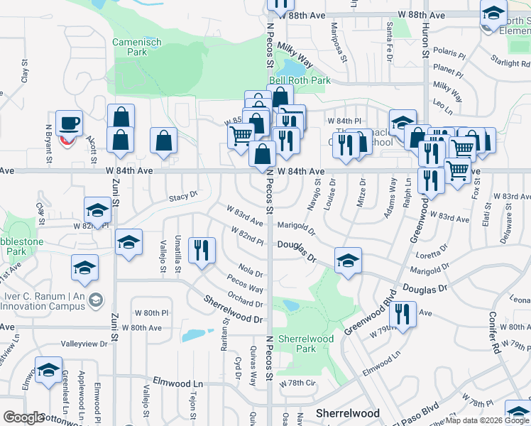 map of restaurants, bars, coffee shops, grocery stores, and more near 8306 Katherine Way in Denver
