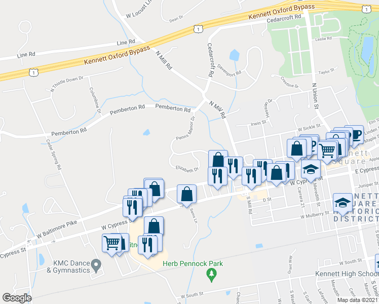 map of restaurants, bars, coffee shops, grocery stores, and more near 138 Penns Manor Drive in Kennett Square