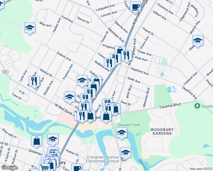 map of restaurants, bars, coffee shops, grocery stores, and more near 800 North Broad Street in Woodbury