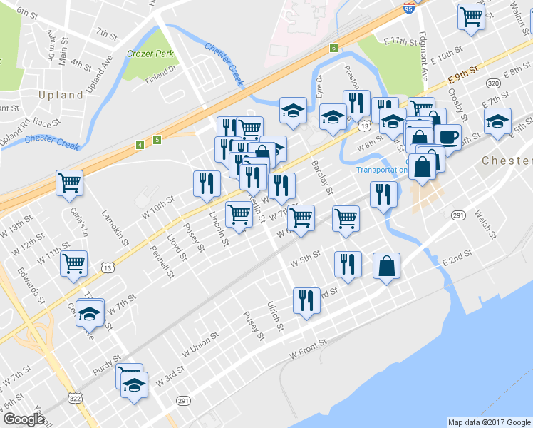 map of restaurants, bars, coffee shops, grocery stores, and more near 620 West 7th Street in Chester