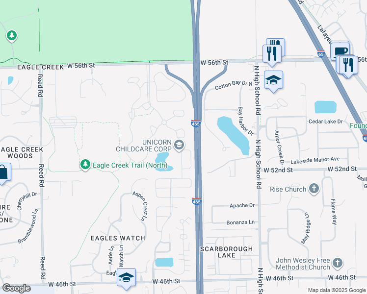 map of restaurants, bars, coffee shops, grocery stores, and more near 5284 Austral Drive in Indianapolis