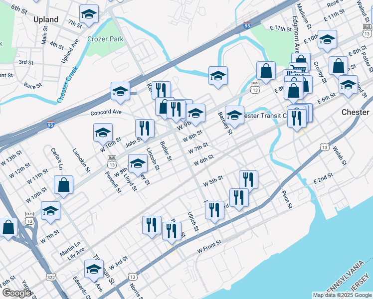 map of restaurants, bars, coffee shops, grocery stores, and more near 620 West 7th Street in Chester